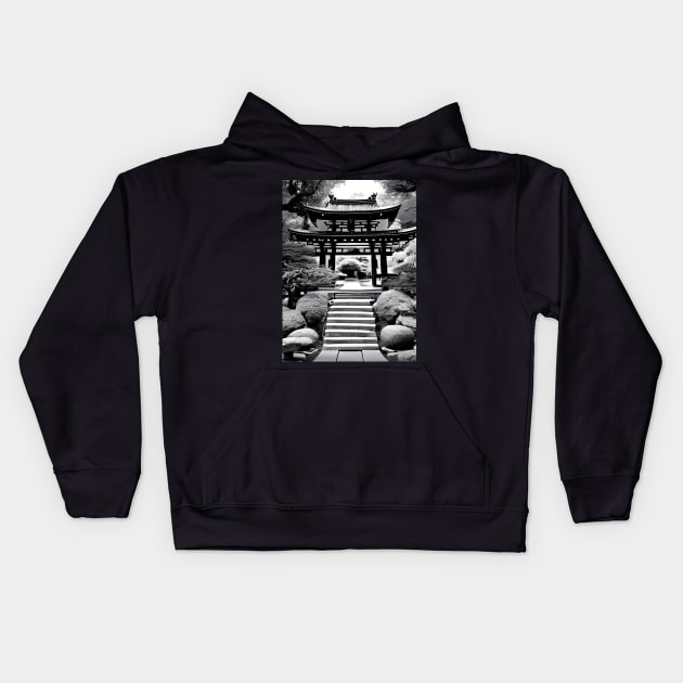 Japanese garden with shrine, black and white Kids Hoodie by Ravenglow